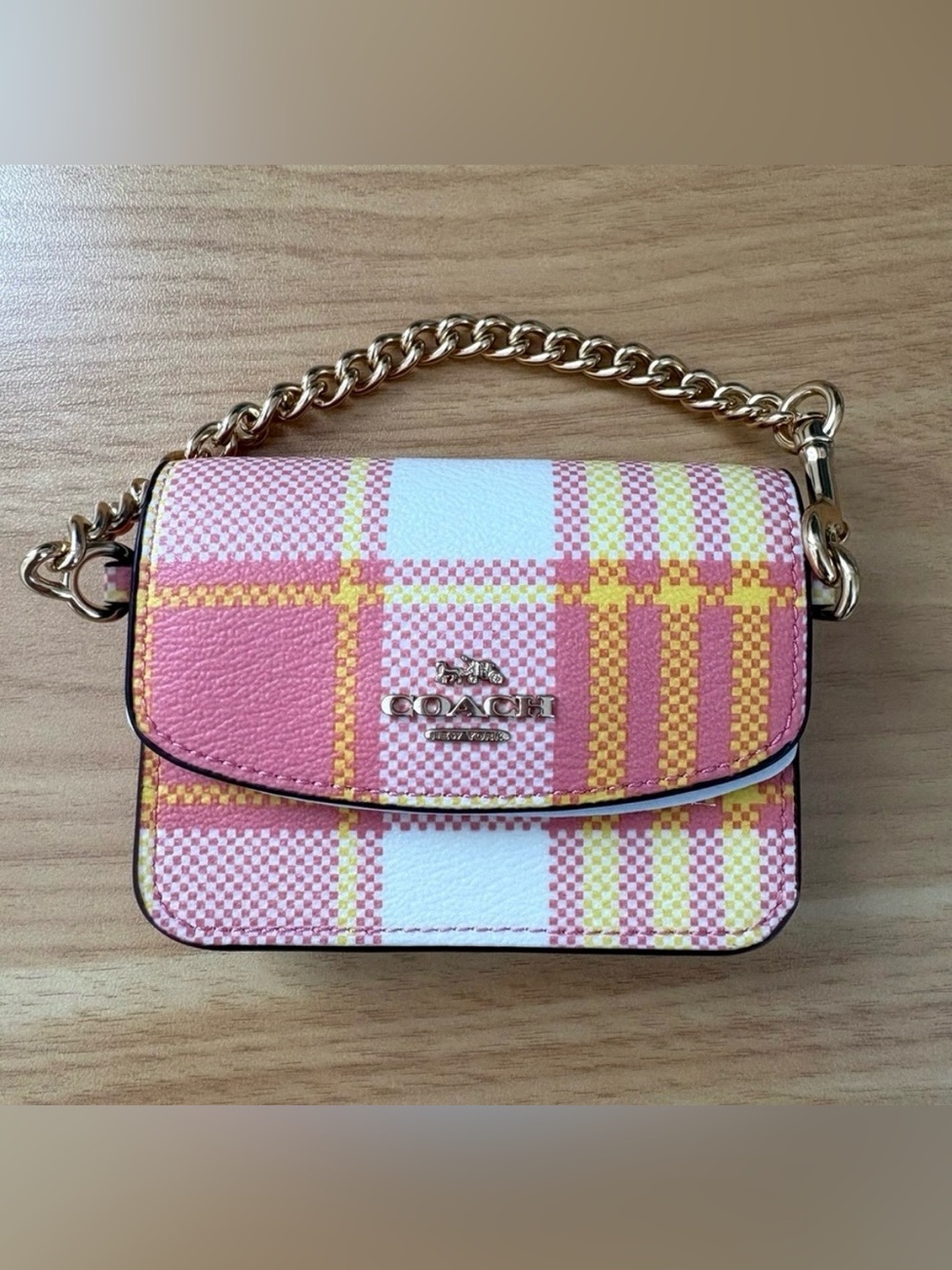 New Coach Poppy mini leather chain card holder wallet in garden plaid